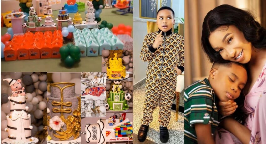 Actress Tonto Dikeh goes all out, marks son’s 7th birthday with 7 cakes [VIDEO]